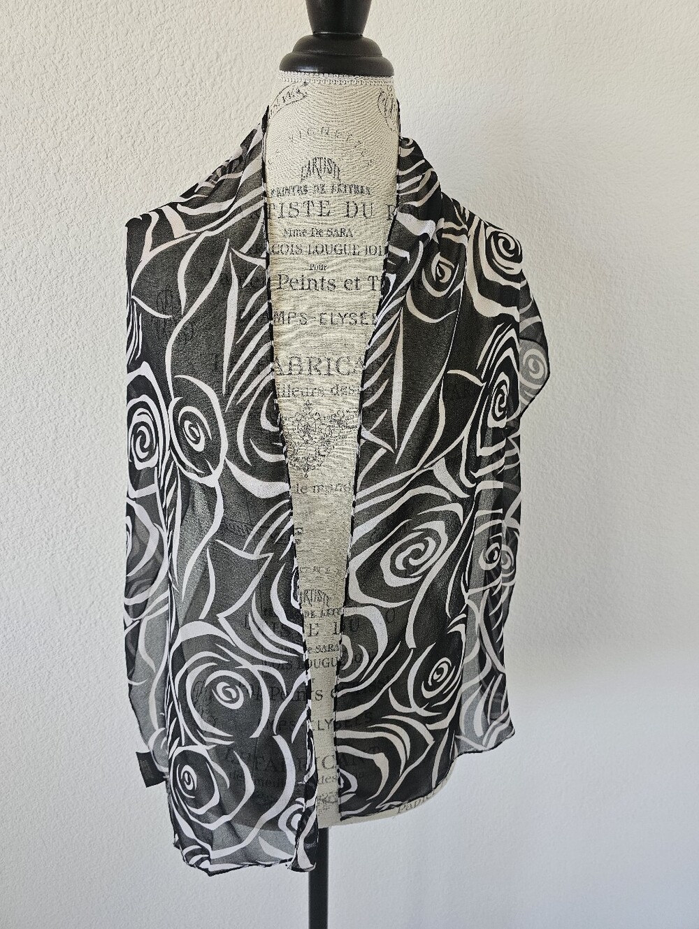 Isabella Vintage Black & White Rose Scarf – Sheer Floral Chiffon Neck Ribbon​